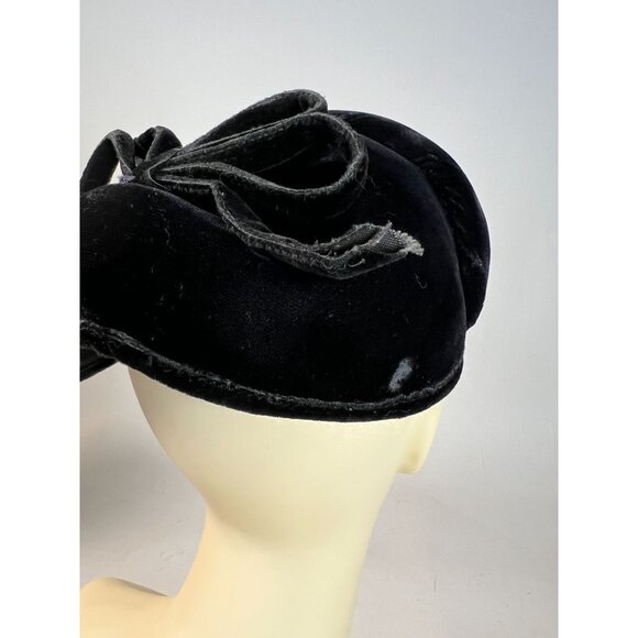 Vintage Black Velvet Womens Pillbox Hat With Bow Accent - Picture 11 of 12